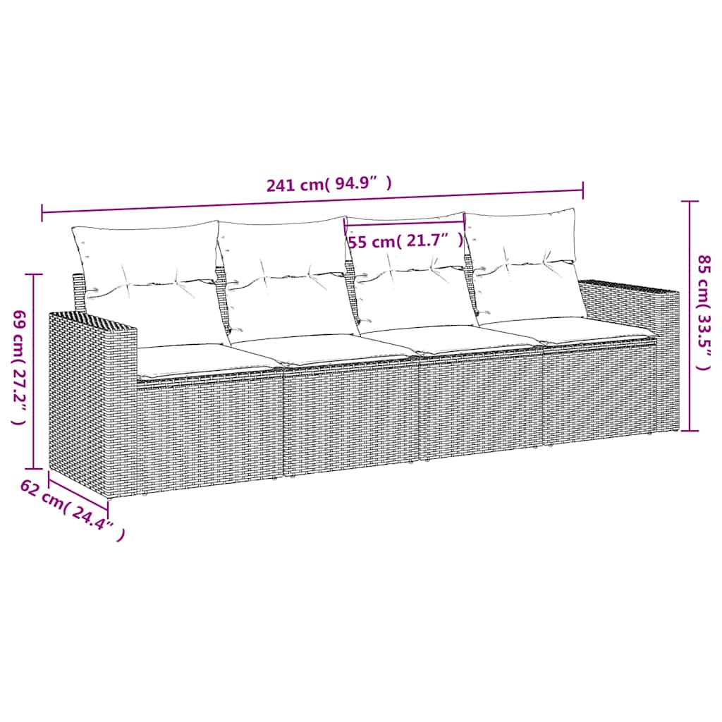 4 Pcs conjunto de sofás para jardim c/ almofadões vime PE preto
