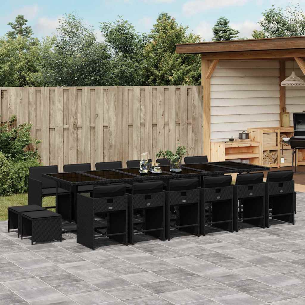 17 Pcs conjunto de jantar p/ jardim c/ almofadões vime PE preto