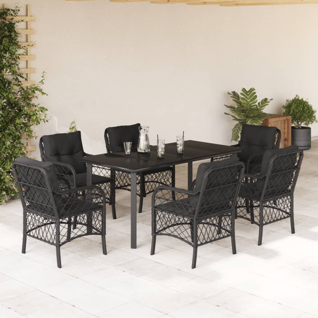7 Pcs conjunto de jantar p/ jardim c/ almofadões vime PE preto