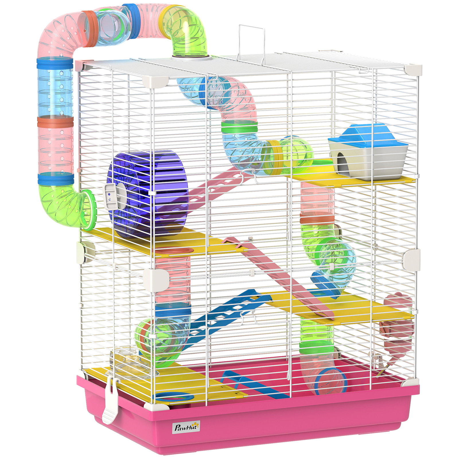 Gaiola para hamsters com túnel comedouro bebedouro casa rampas e roda de exercício 46x30x58 cm rosa