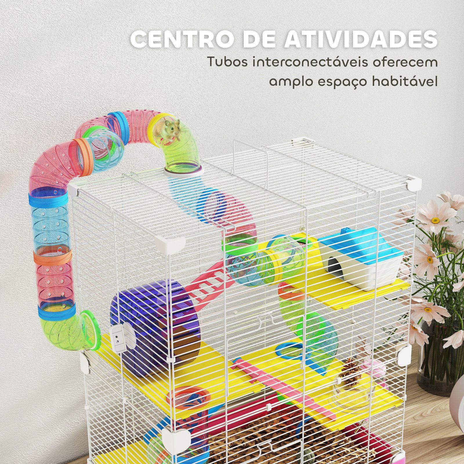 Gaiola para hamsters com túnel comedouro bebedouro casa rampas e roda de exercício 46x30x58 cm rosa