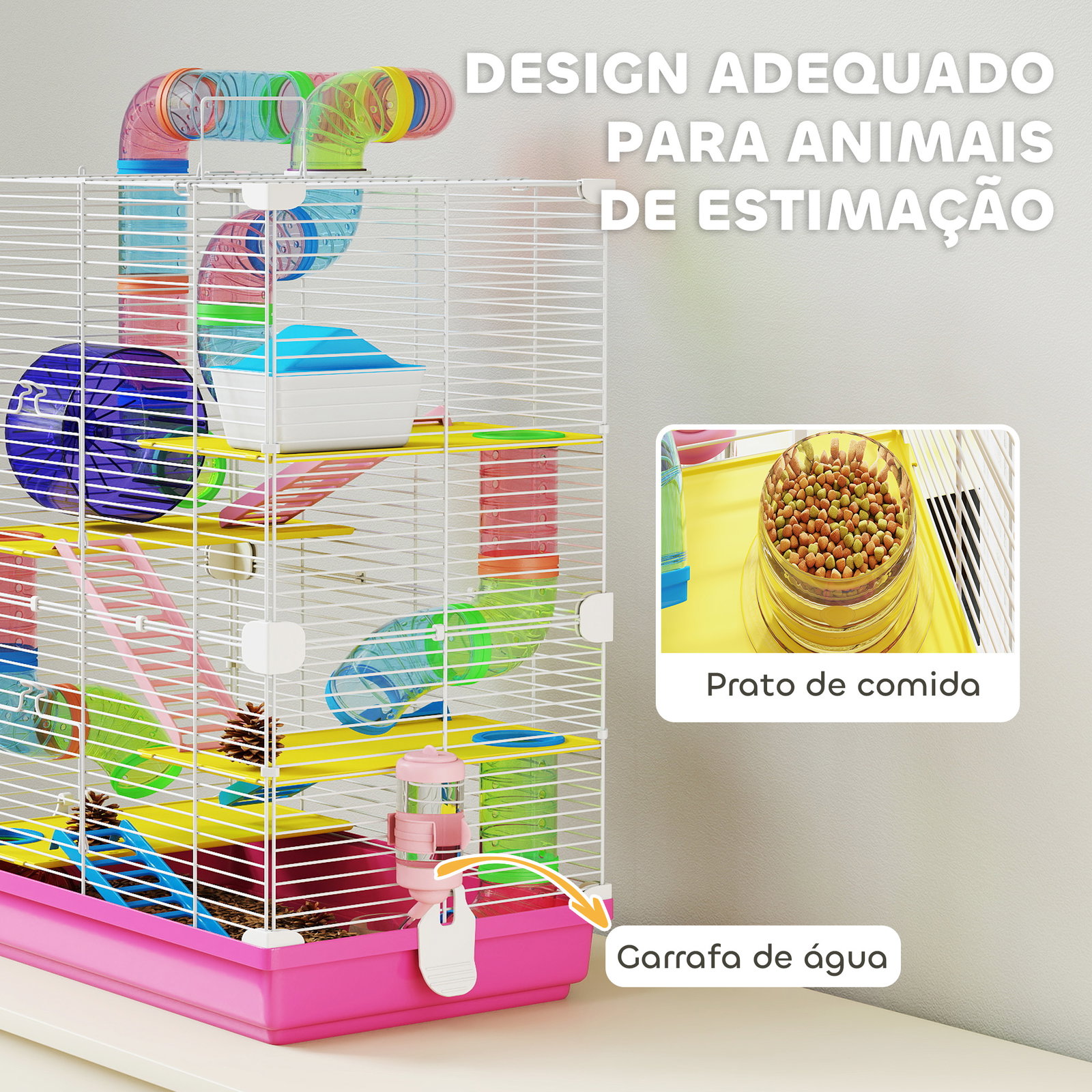 Gaiola para hamsters com túnel comedouro bebedouro casa rampas e roda de exercício 46x30x58 cm rosa