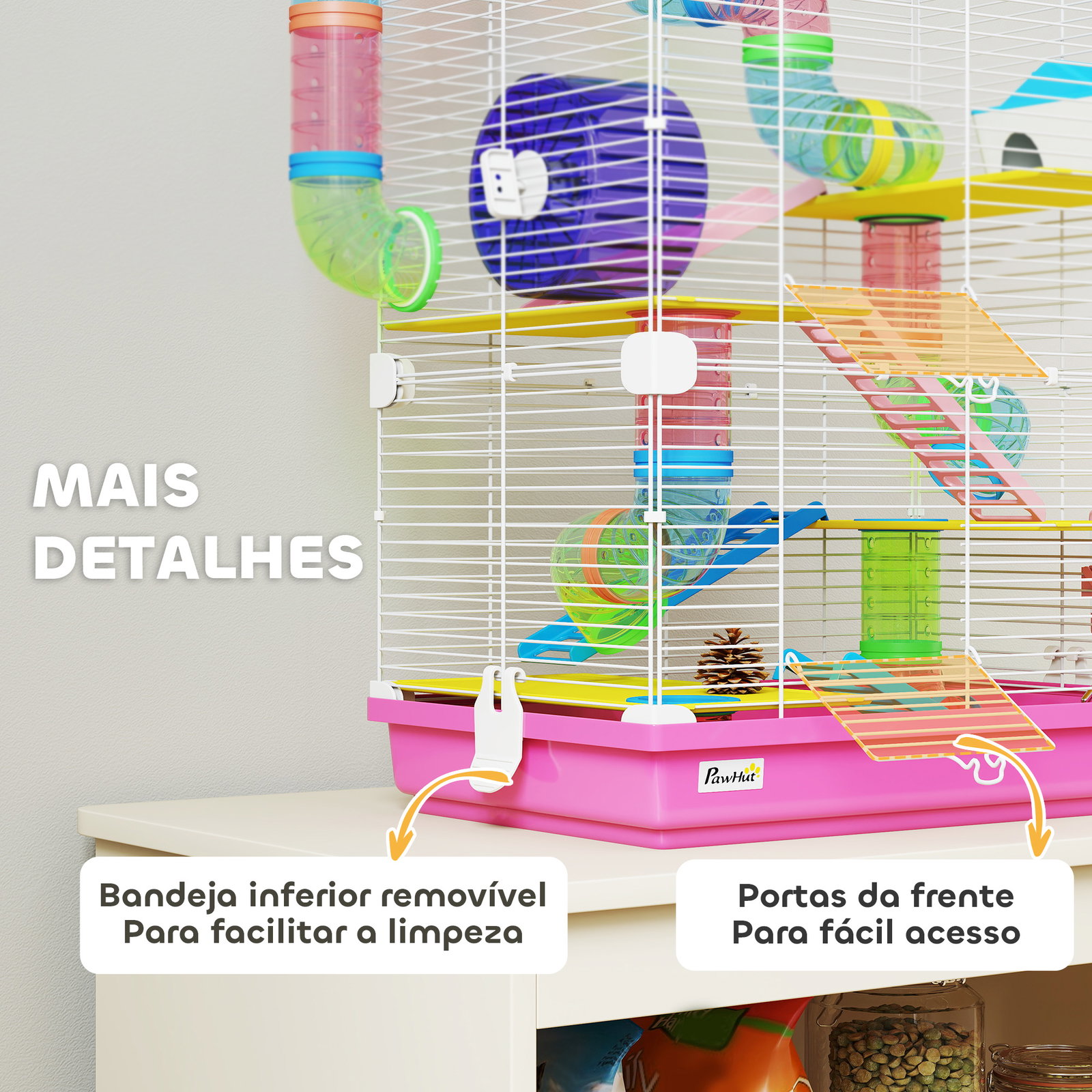 Gaiola para hamsters com túnel comedouro bebedouro casa rampas e roda de exercício 46x30x58 cm rosa