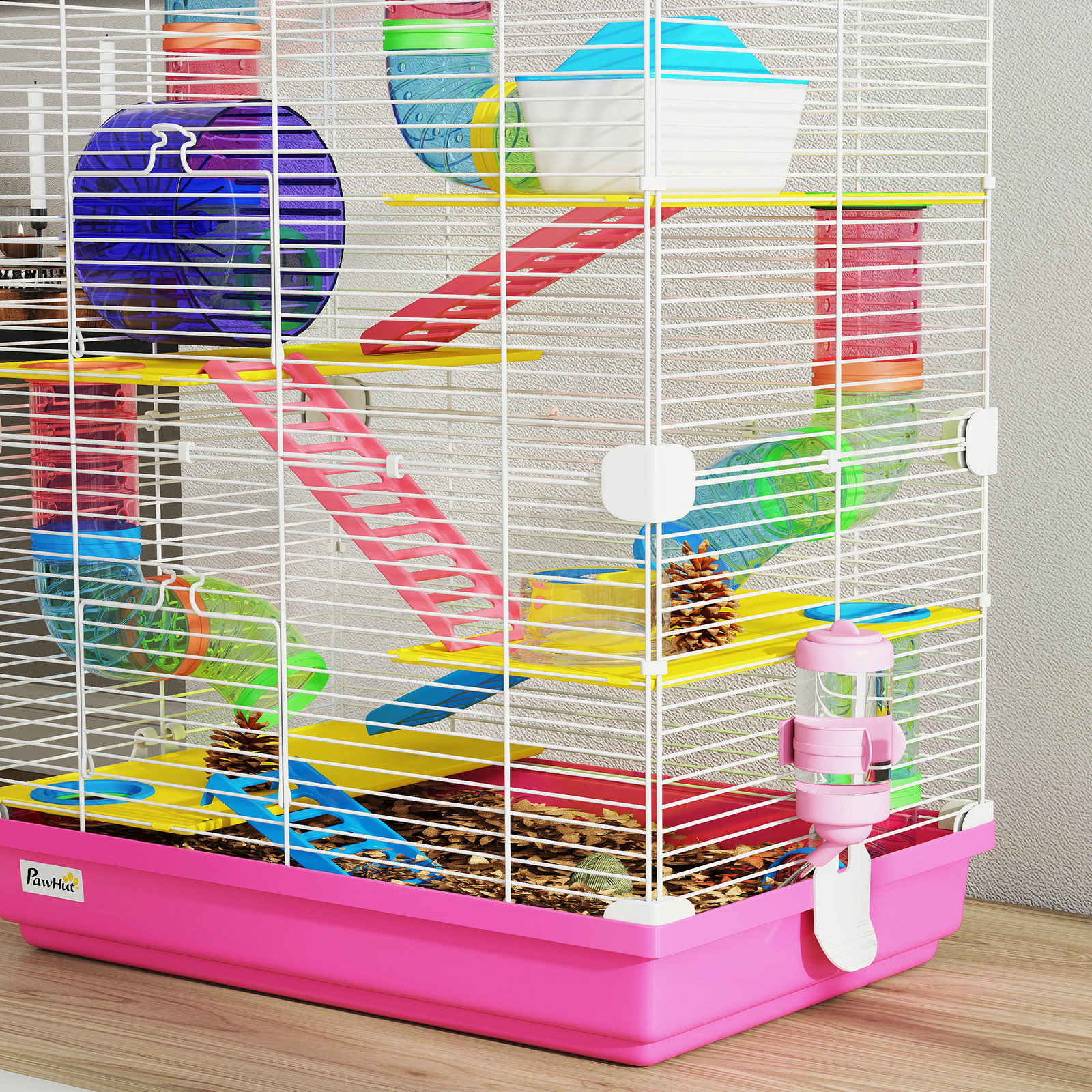 Gaiola para hamsters com túnel comedouro bebedouro casa rampas e roda de exercício 46x30x58 cm rosa