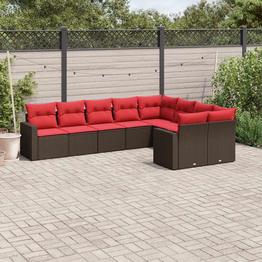 9 Pcs conjunto sofás p/ jardim c/ almofadões vime PE castanho