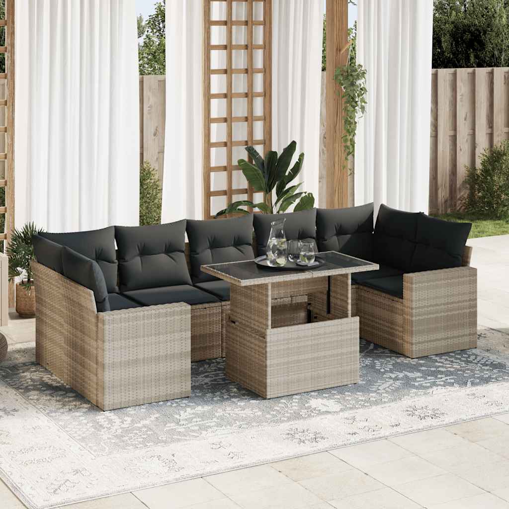 8 Pcs conj. sofás jardim c/ almofadões vime PE cinzento-claro