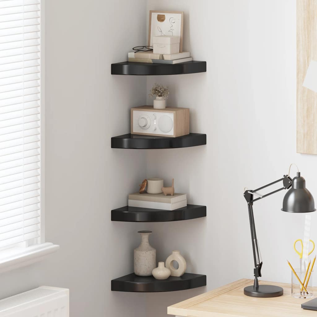 Prateleiras canto suspensas 4 pcs 25x25x3,8cm MDF preto brilh.