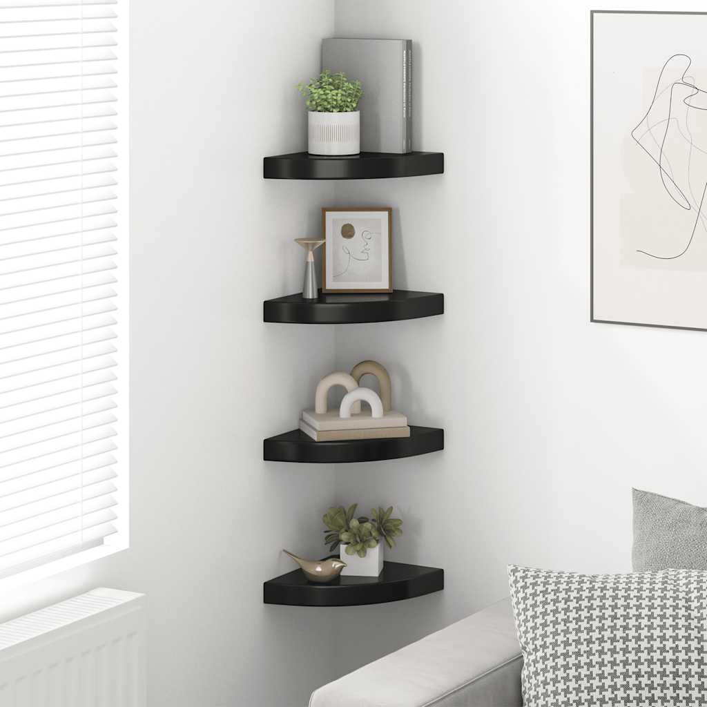 Prateleiras canto suspensas 4 pcs 25x25x3,8cm MDF preto brilh.