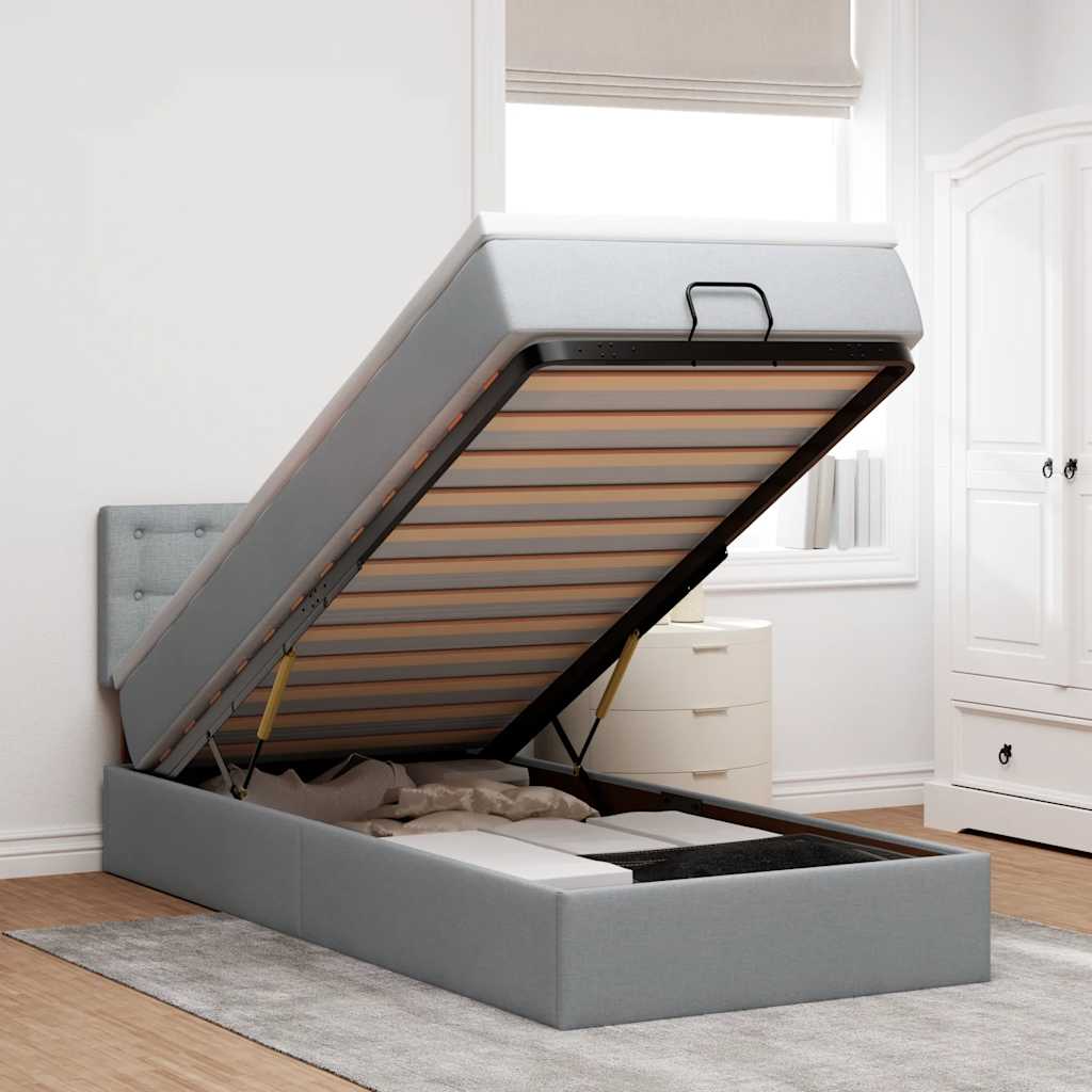 Cama otomana com colchão 100x200 cm tecido cinzento claro