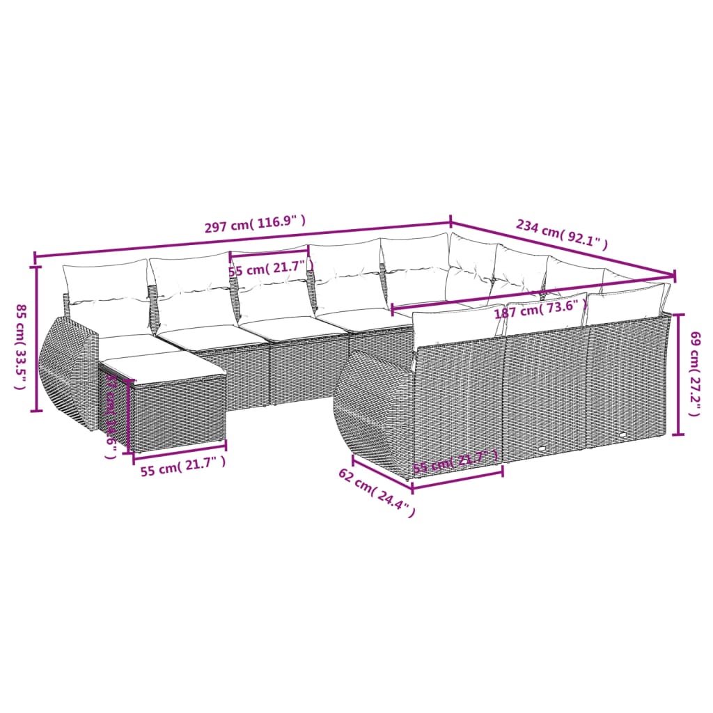 11 Pcs conjunto sofás de jardim c/ almofadões vime PE preto
