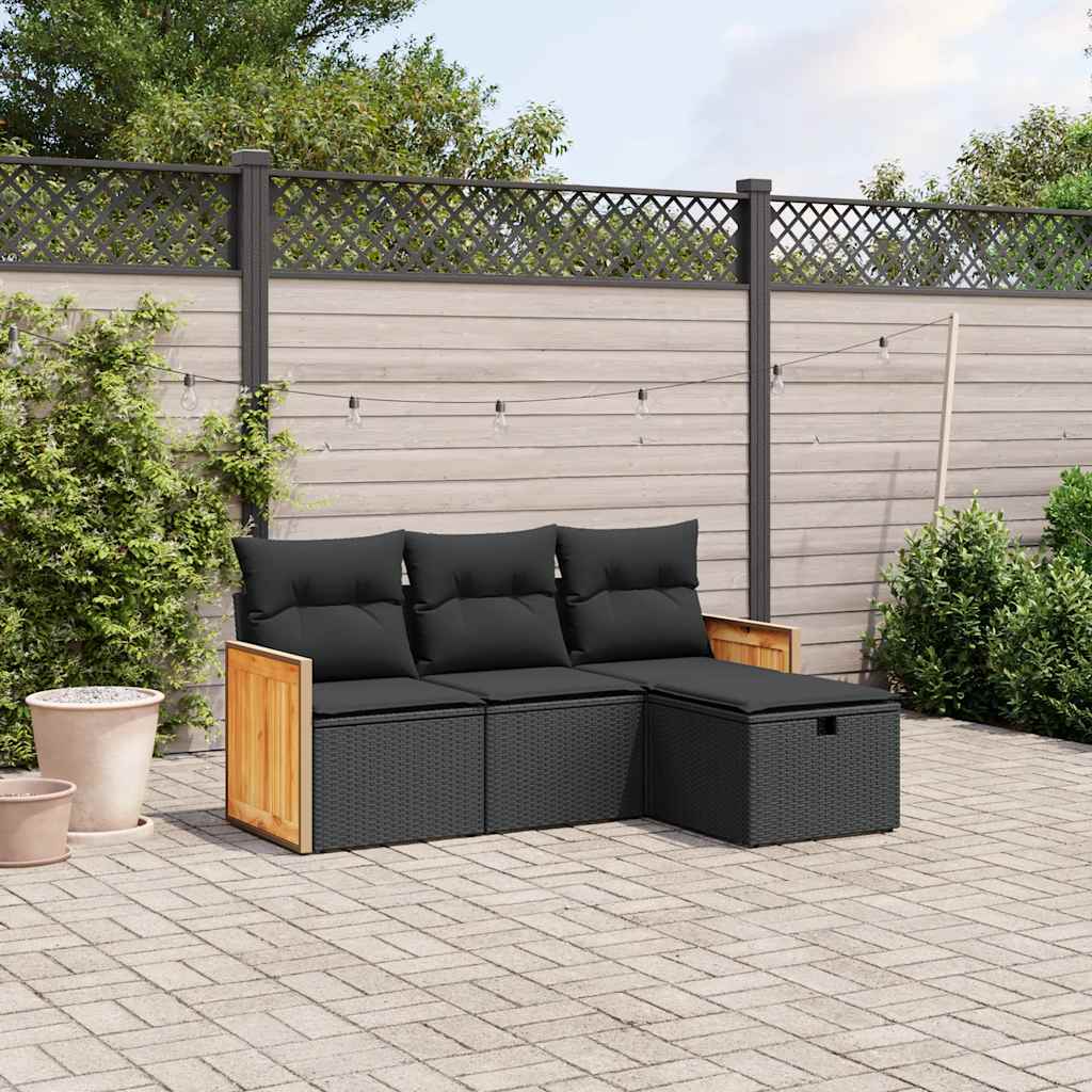 4 Pcs conjunto de sofás para jardim c/ almofadões vime PE preto