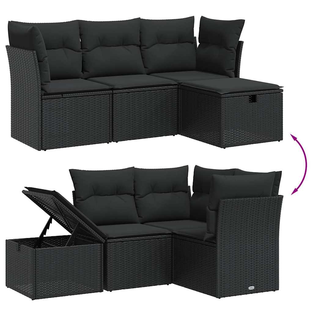 4 Pcs conjunto de sofás para jardim c/ almofadões vime PE preto