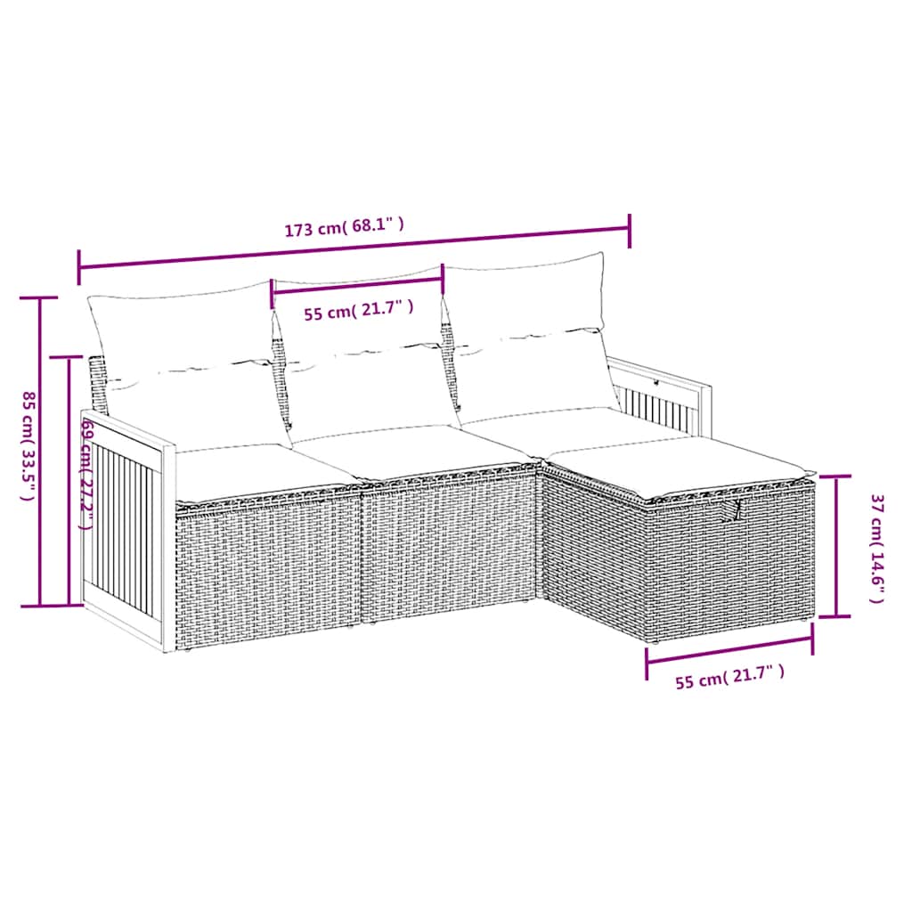 4 Pcs conjunto de sofás para jardim c/ almofadões vime PE preto