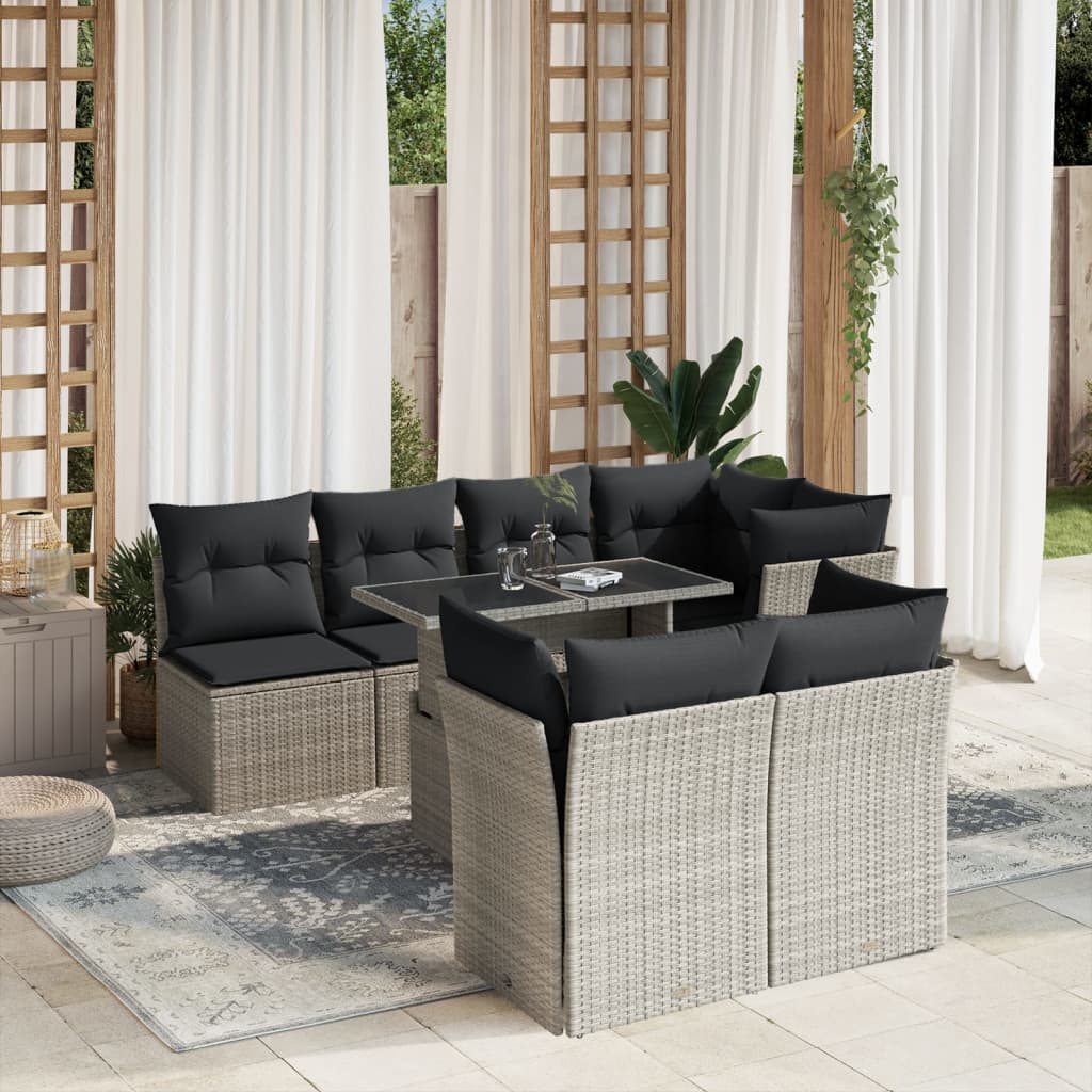 8 Pcs conj. sofás jardim c/ almofadões vime PE cinzento-claro