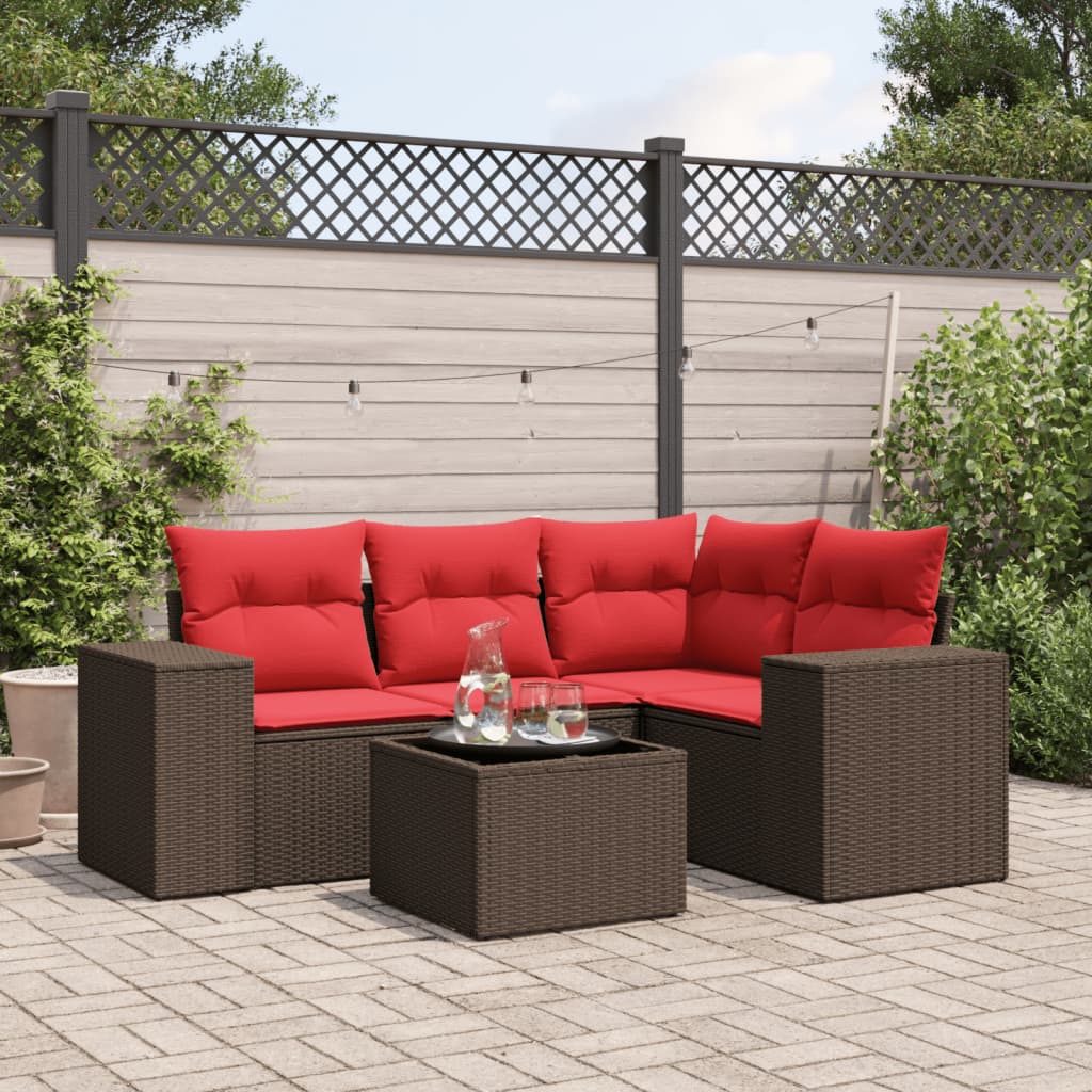 Conjunto de sofá de jardim de 5 peças com almofadas em rattan sintético marrom