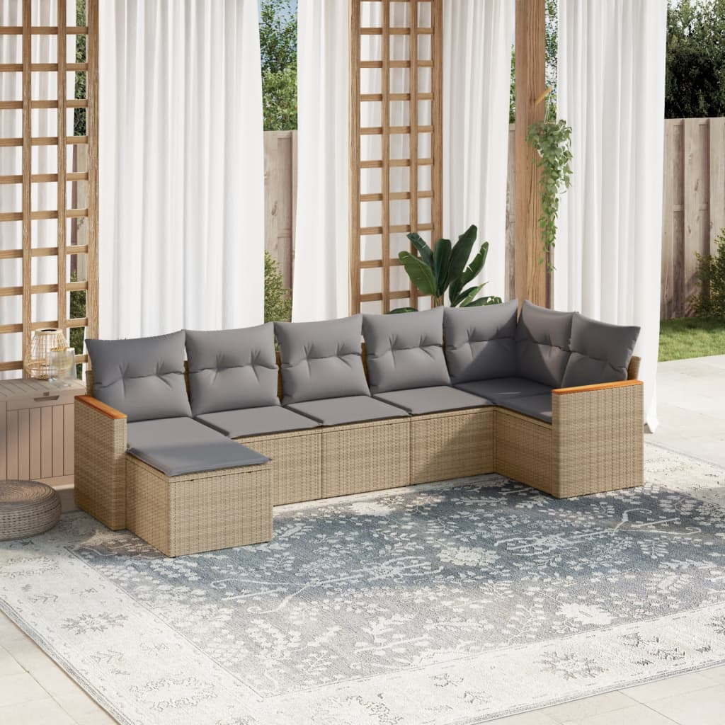 7 Pcs conjunto de sofás p/ jardim com almofadões vime PE bege