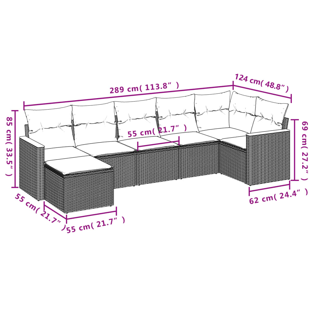 7 Pcs conjunto de sofás p/ jardim com almofadões vime PE bege