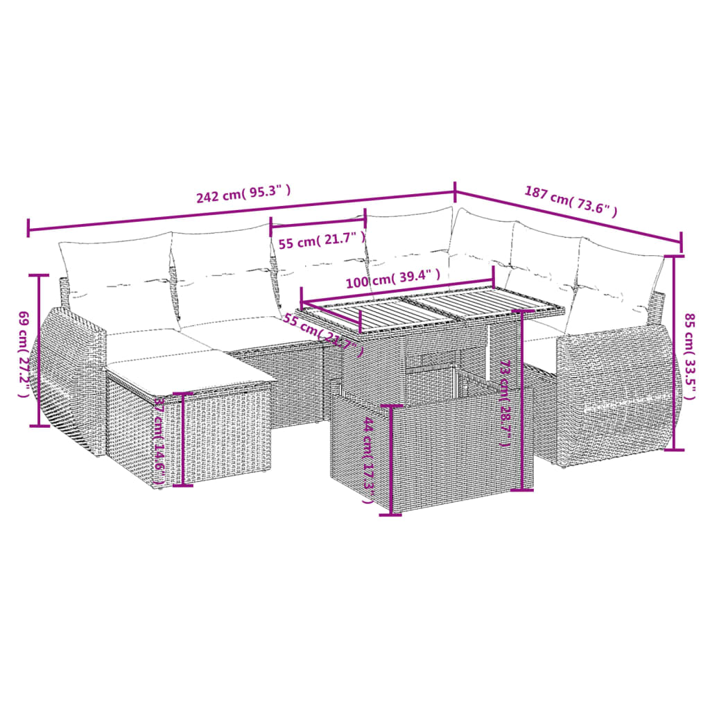 8 Pcs conjunto sofás de jardim com almofadões vime PE preto