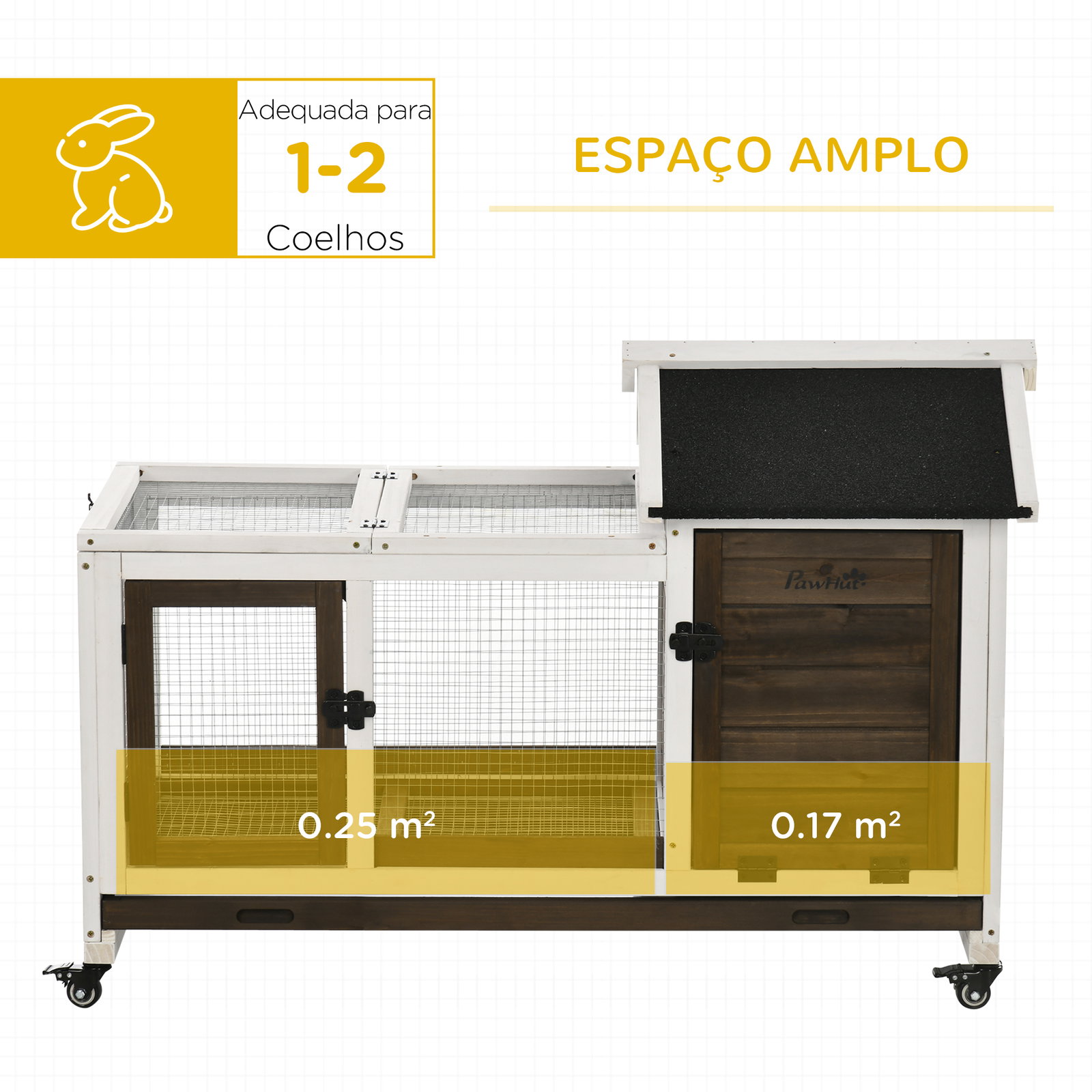 Coelheira de madeira com rodas para 1-2 coelhos com teto abatível bandeja amovível 108x58x73,5cm marrom café e branco