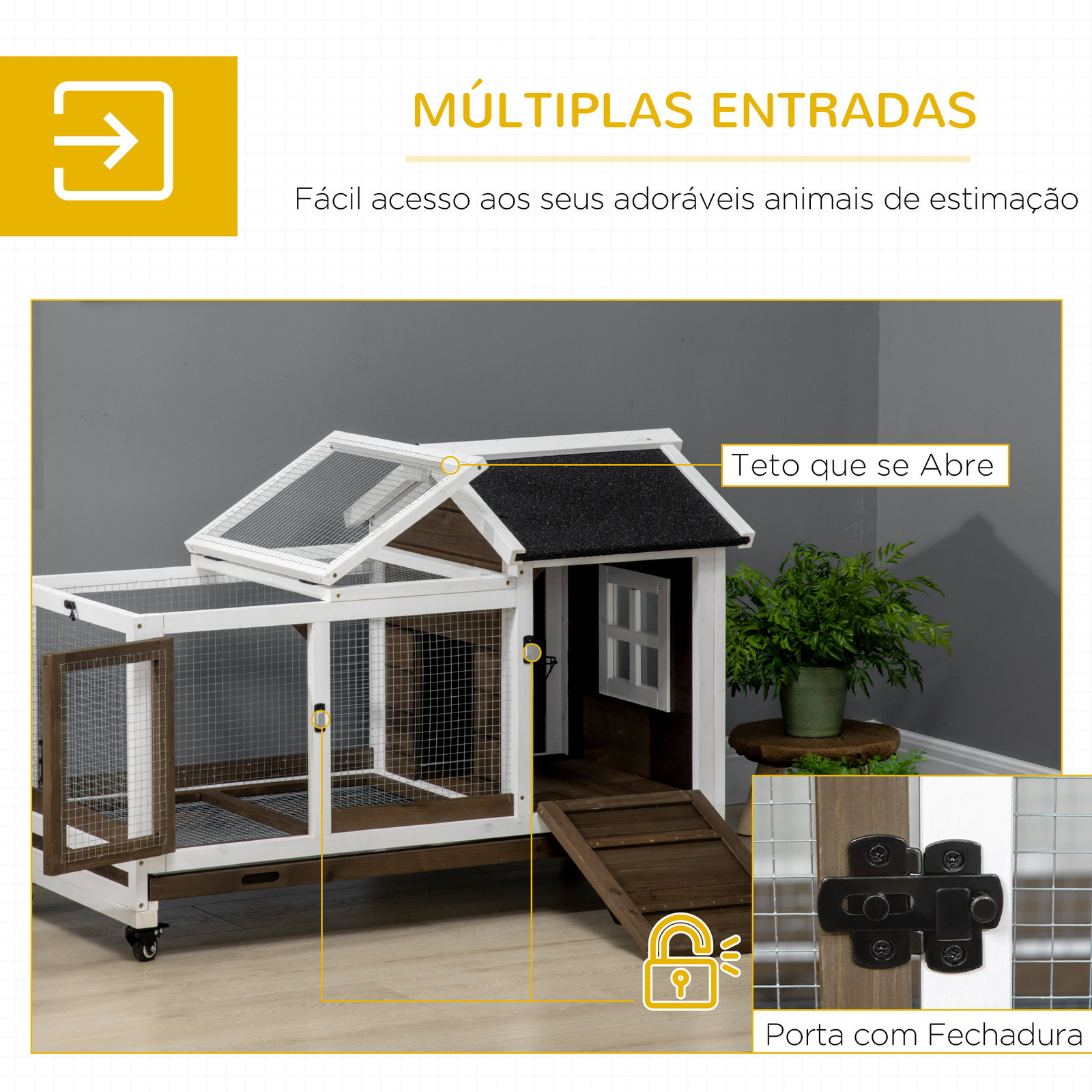 Coelheira de madeira com rodas para 1-2 coelhos com teto abatível bandeja amovível 108x58x73,5cm marrom café e branco