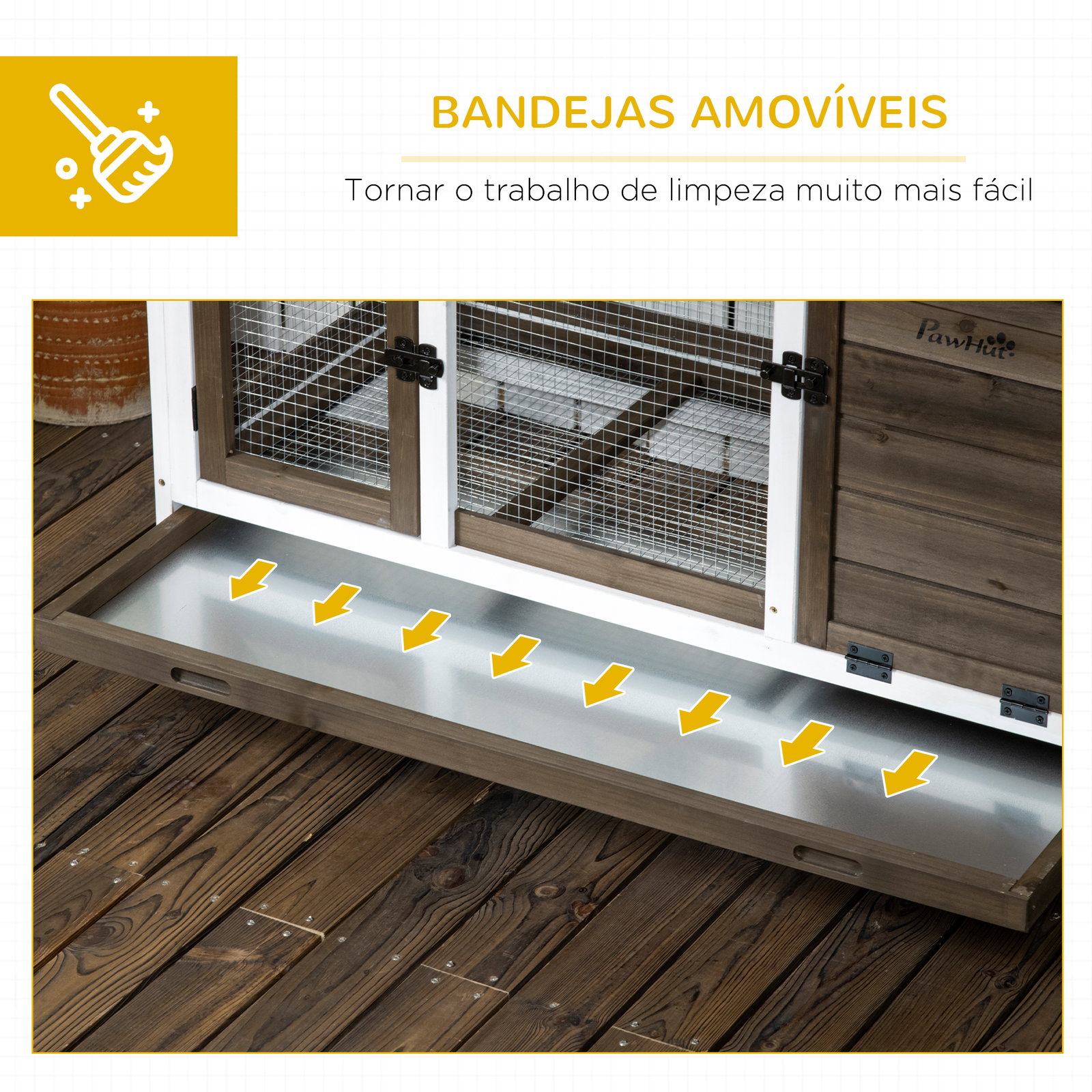 Coelheira de madeira com rodas para 1-2 coelhos com teto abatível bandeja amovível 108x58x73,5cm marrom café e branco