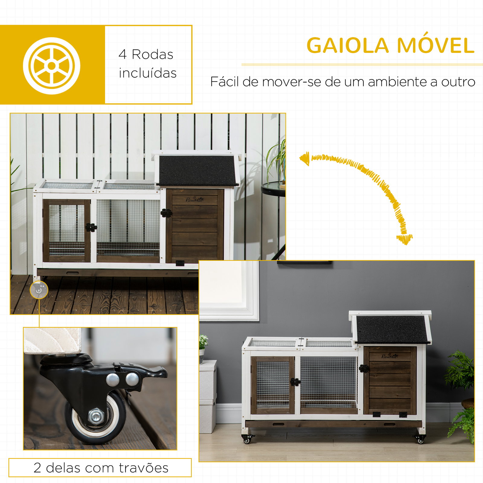 Coelheira de madeira com rodas para 1-2 coelhos com teto abatível bandeja amovível 108x58x73,5cm marrom café e branco