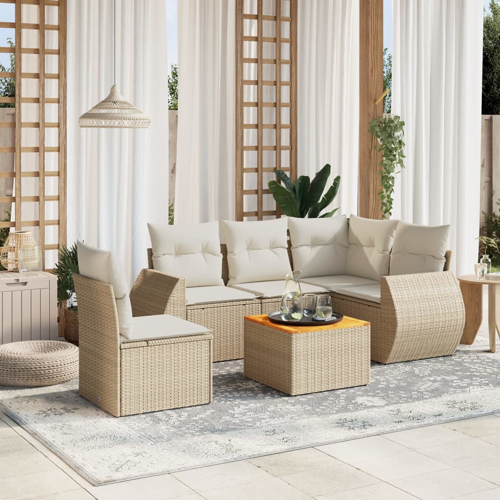 6 Pcs conjunto de sofás p/ jardim com almofadões vime PE bege