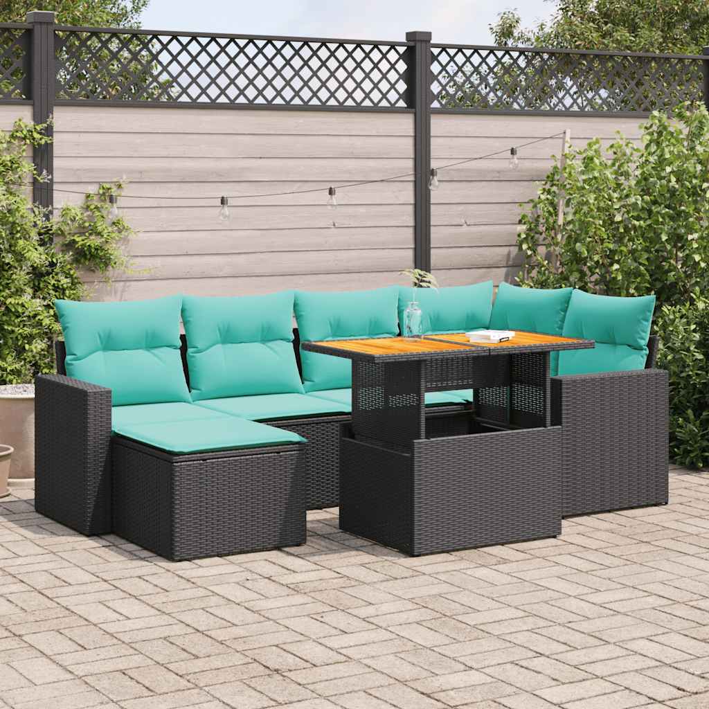7 Pcs conjunto de sofás p/ jardim c/ almofadões vime PE preto