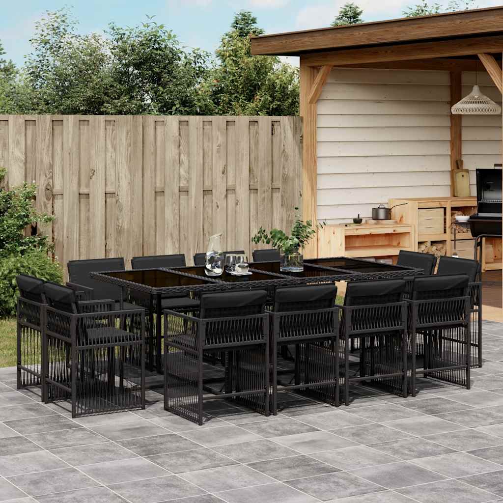 13 Pcs conjunto de jantar p/jardim com almofadões vime PE preto
