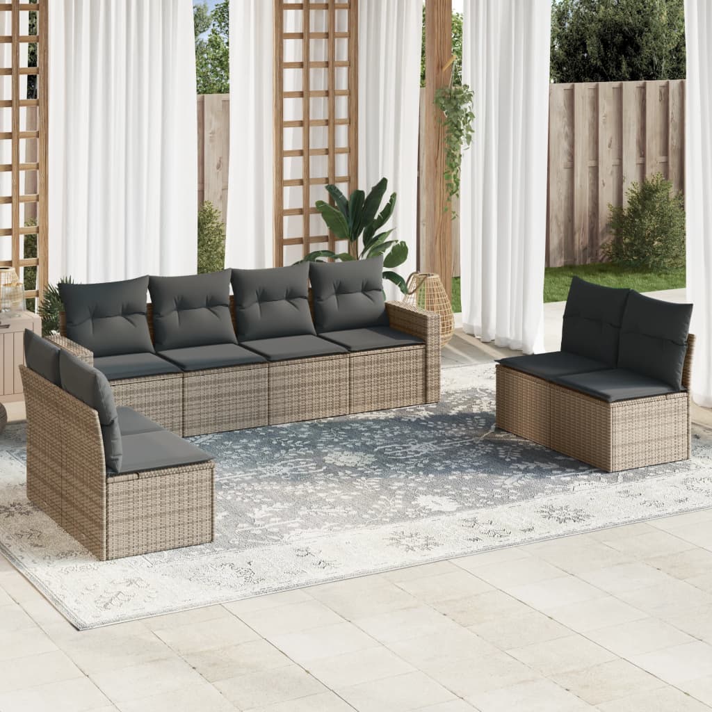 8 Pcs conjunto sofás de jardim c/ almofadões vime PE cinzento