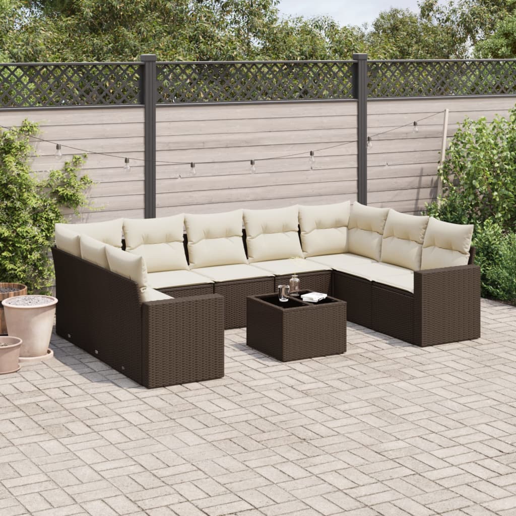 10 Pcs conj. sofás jardim com almofadões vime PE castanho