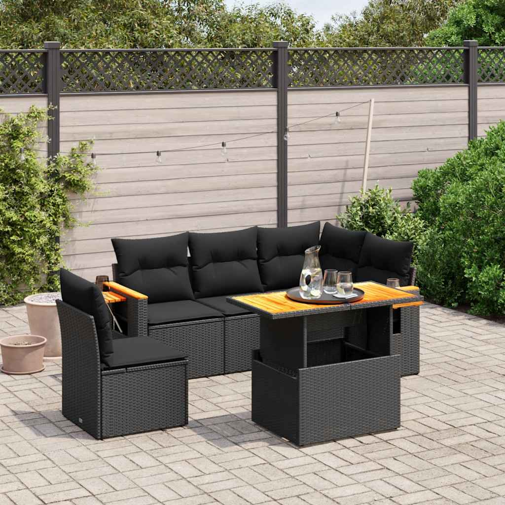 6 Pcs conjunto sofás de jardim c/ almofadões vime PE preto