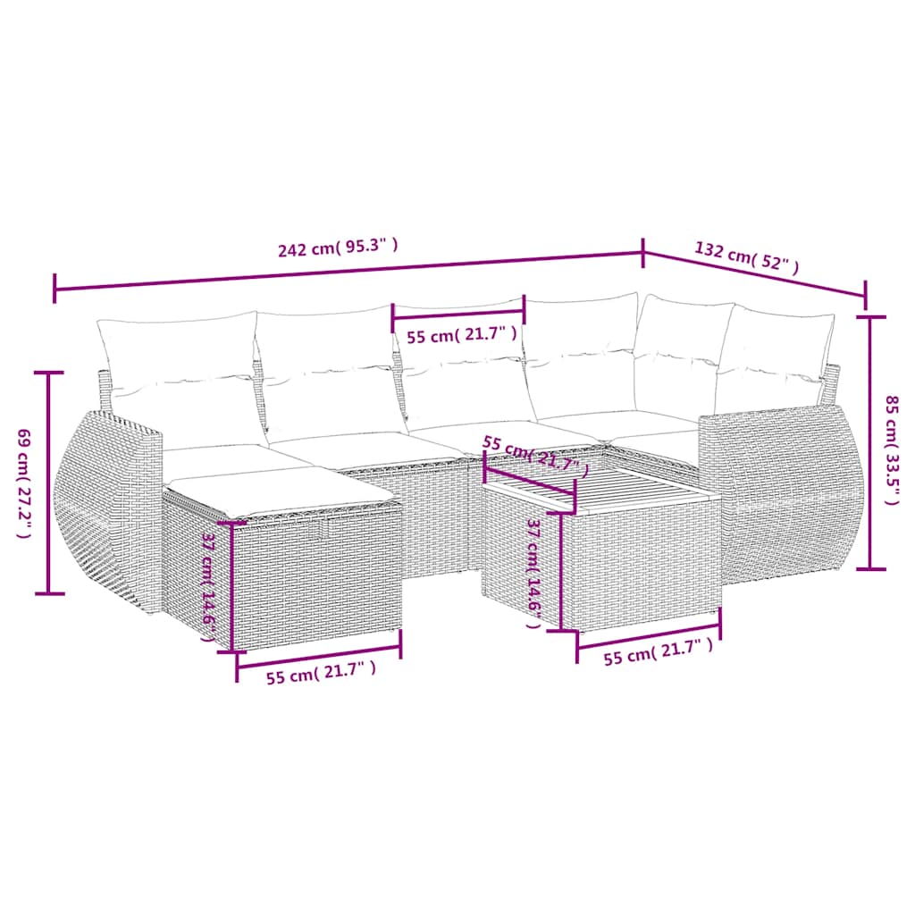 7 Pcs conjunto de sofás p/ jardim c/ almofadões vime PE preto
