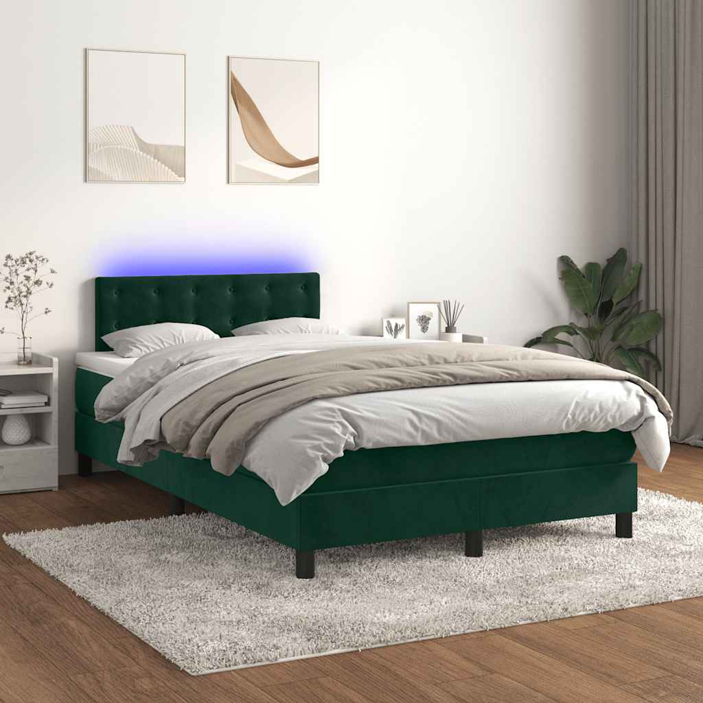 Cama box spring c/ colchão/LED 120x200 cm veludo verde-escuro