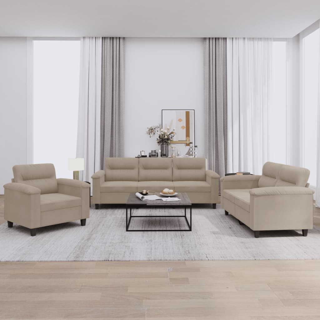 3 Pcs conjunto sofás c/ almofadões microfibra cinza-acastanhado