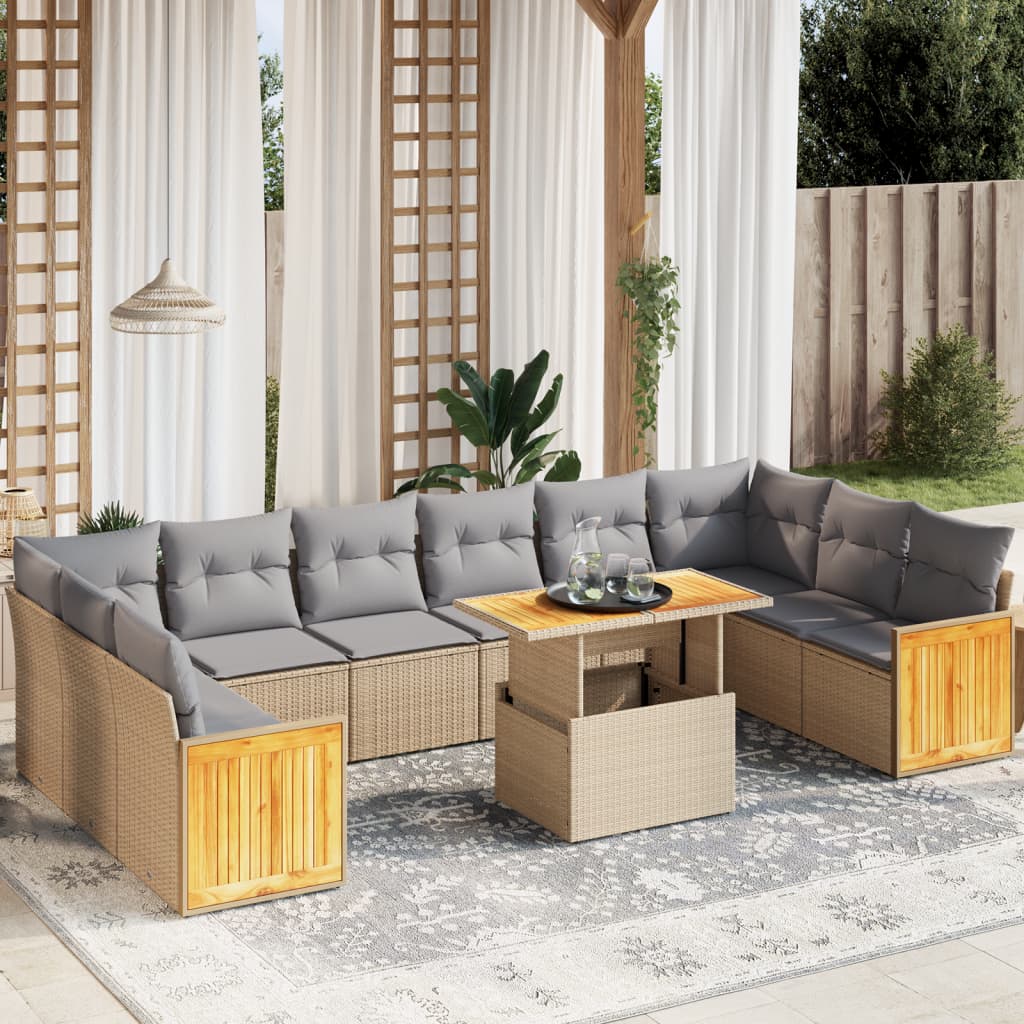 11 Pcs conjunto sofás de jardim c/ almofadões vime PE bege