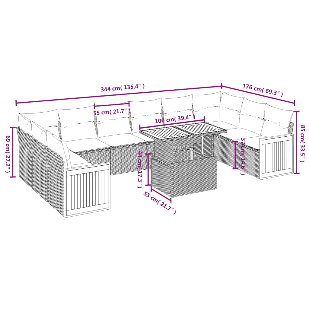 11 Pcs conjunto sofás de jardim c/ almofadões vime PE bege