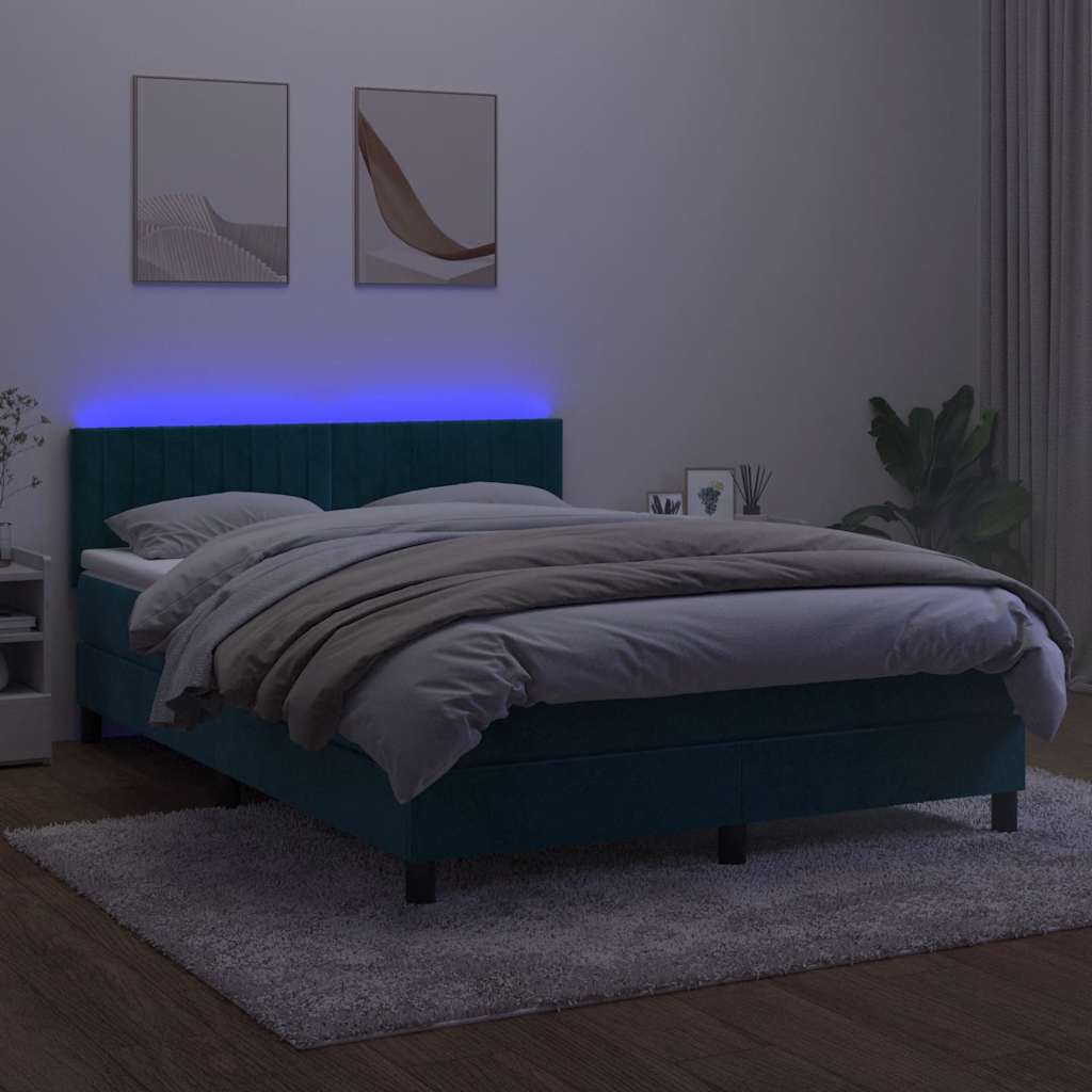 Cama box spring c/ colchão/LED 140x200 cm veludo azul-escuro