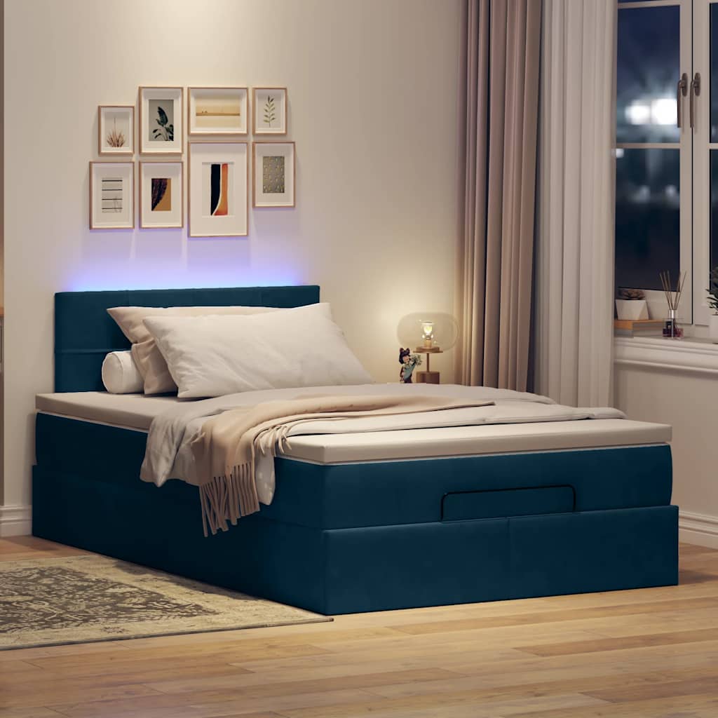 Cama otomana com colchão & leds 120x190cm veludo azul-escuro