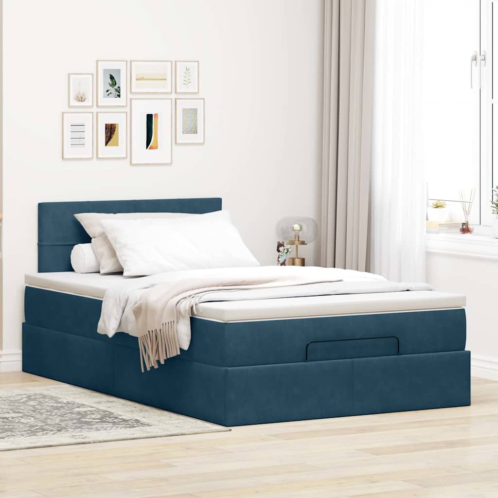 Cama otomana com colchão & leds 120x190cm veludo azul-escuro