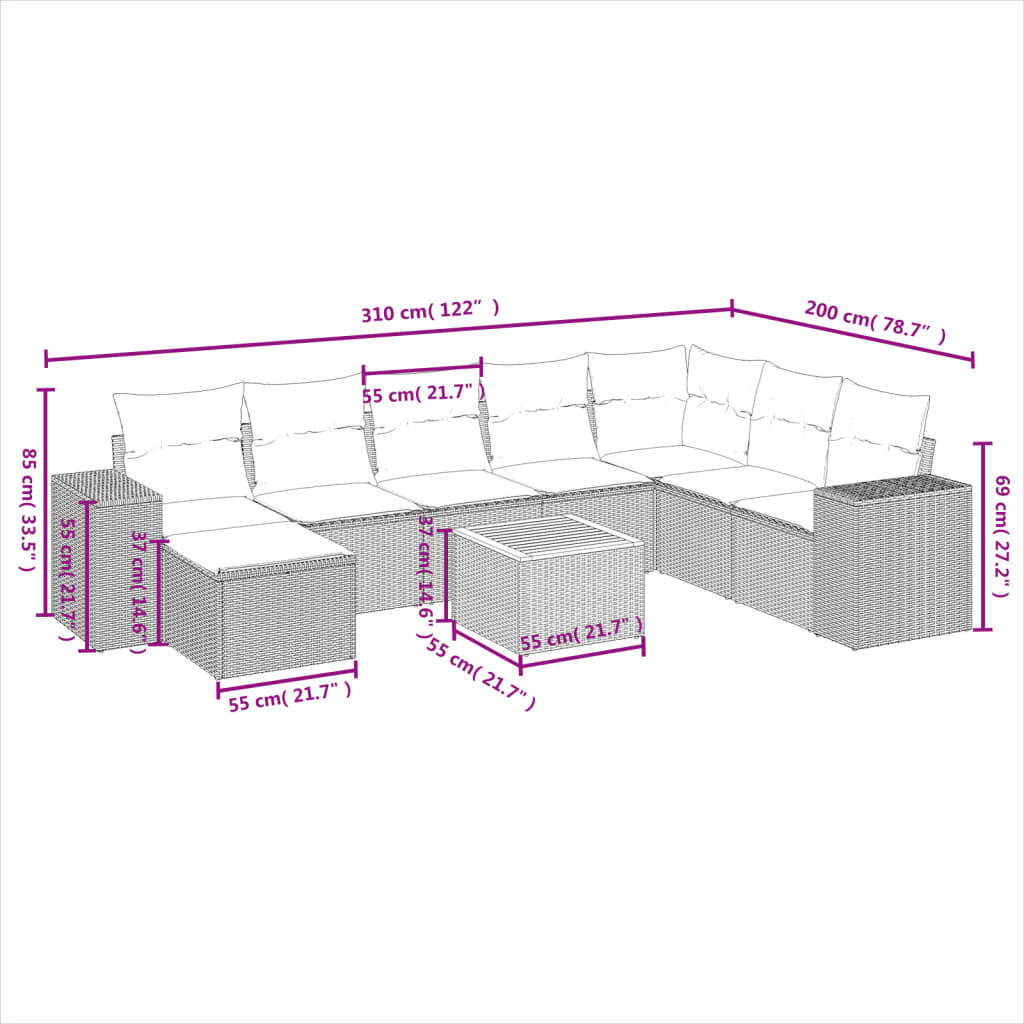 9 Pcs conjunto de sofás p/ jardim c/ almofadões vime PE preto