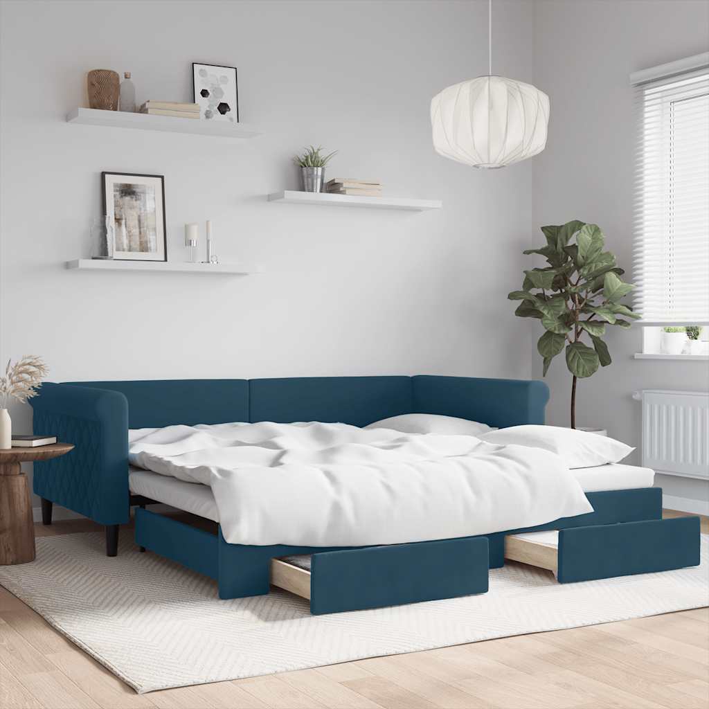 Sofá-cama com gavetão e gavetas 100x200 cm veludo azul