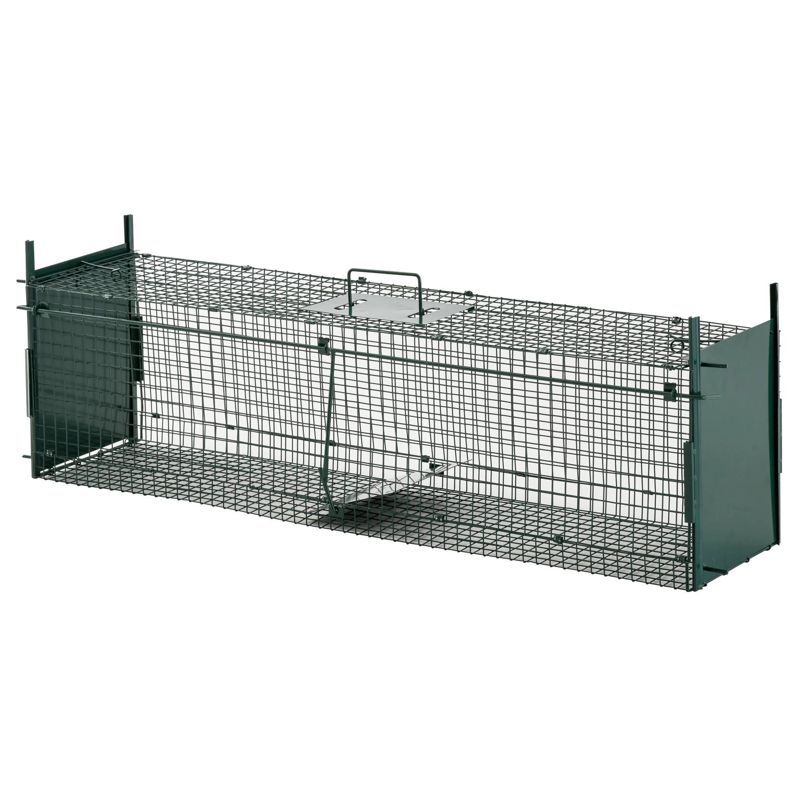 Armadilha com 2 portas para animais vivos Gaiola de captura de metal com alça 100x25x28 cm Verde escuro
