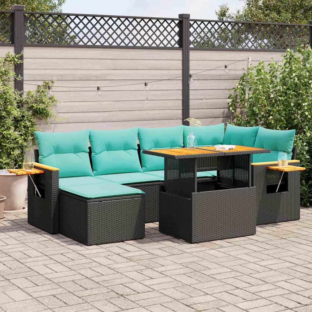 7 Pcs conj. sofás jardim c/ almofadões vime PE/acácia castanho
