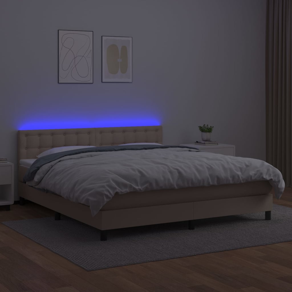 Cama box spring c/colchão/LED 160x200cm couro artif. cappuccino