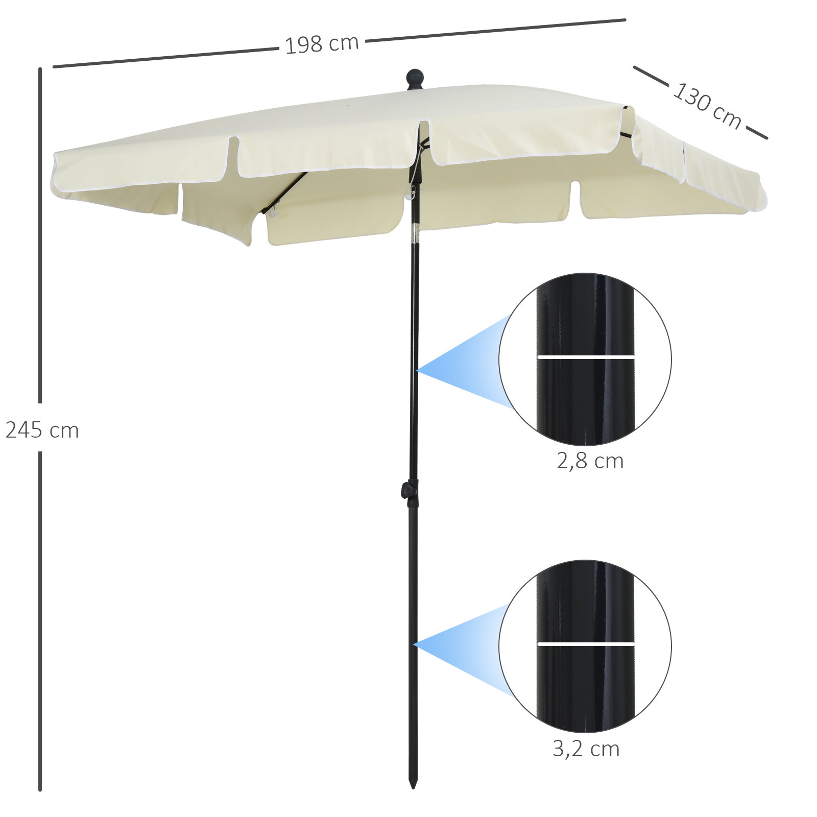 Chapéu de sol retangular de jardim 198x130x240cm chapéu de sol de alumínio com função de inclinação para terraço pátio exterior creme