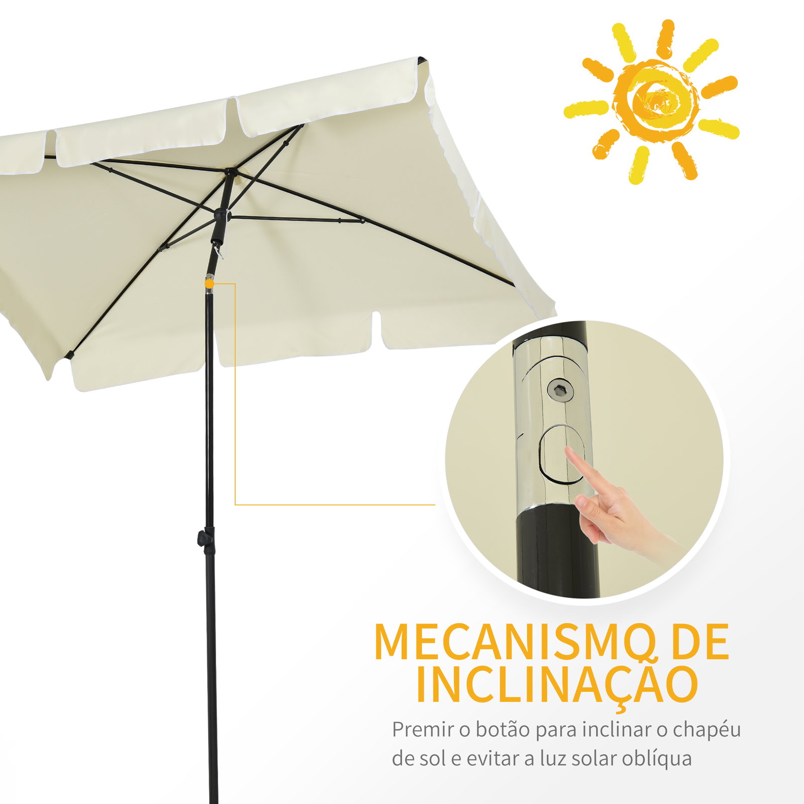 Chapéu de sol retangular de jardim 198x130x240cm chapéu de sol de alumínio com função de inclinação para terraço pátio exterior creme