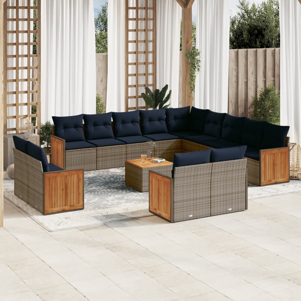 Conjunto de sofá de jardim com 14 peças e almofadas em rattan sintético cinza