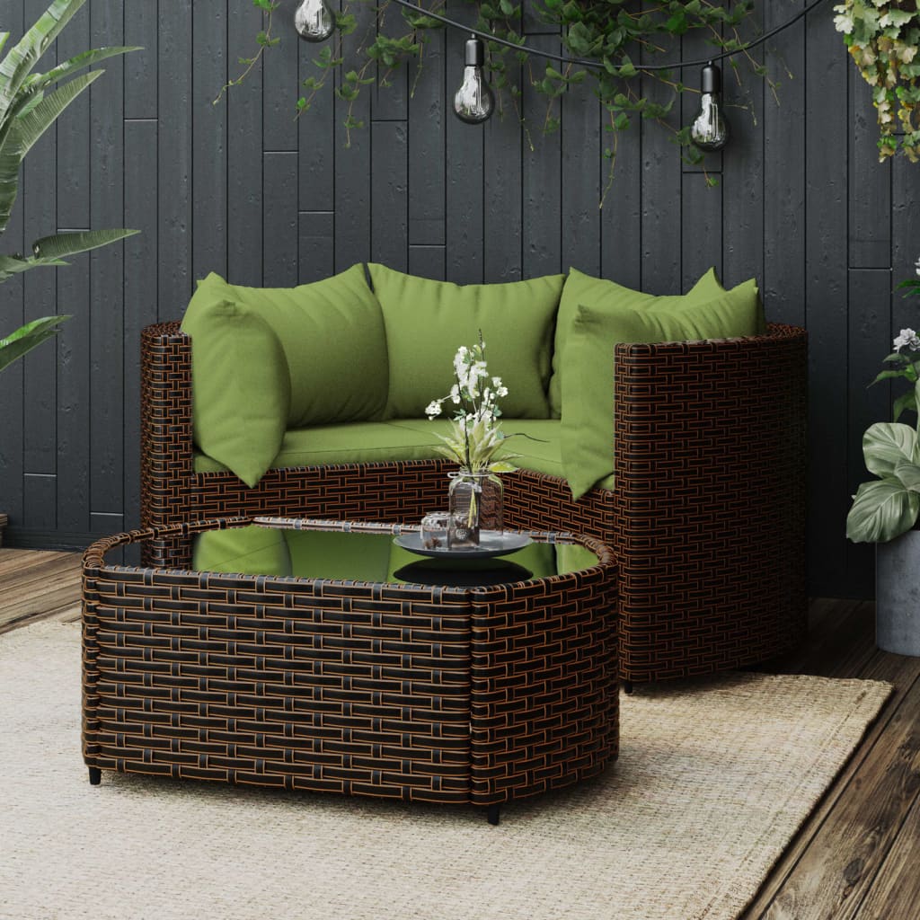 4 Pcs conjunto lounge jardim c/ almofadões vime PE castanho