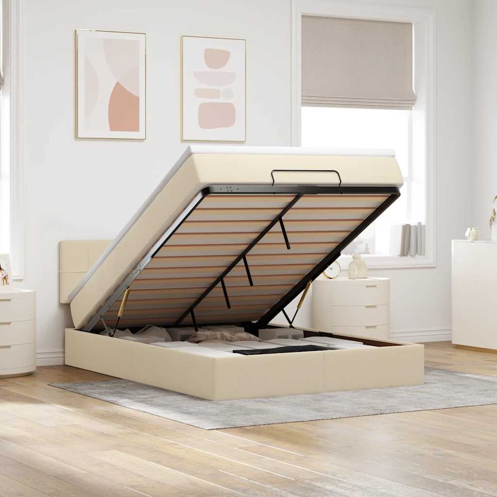 Cama otomana com colchão & leds creme 140x190cm tecido